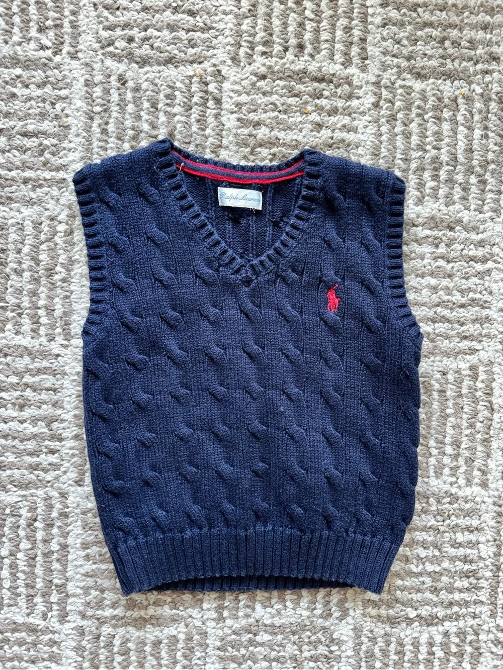 Baby Ralph Lauren Cotton Navy Cable Knit V-Neck Sweater Vest Red Pony Preppy